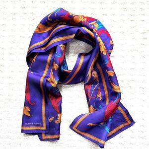 Vintage Elaine Gold silk scarf classic 80's luxury purple gold elegant rectangle